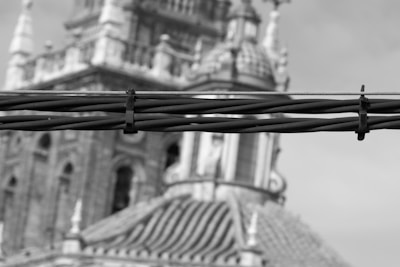 A detailed focus is placed on a bundle of wires or cables that cross horizontally in the foreground, while a blurred background features an ornate architectural structure with columns and a domed roof.