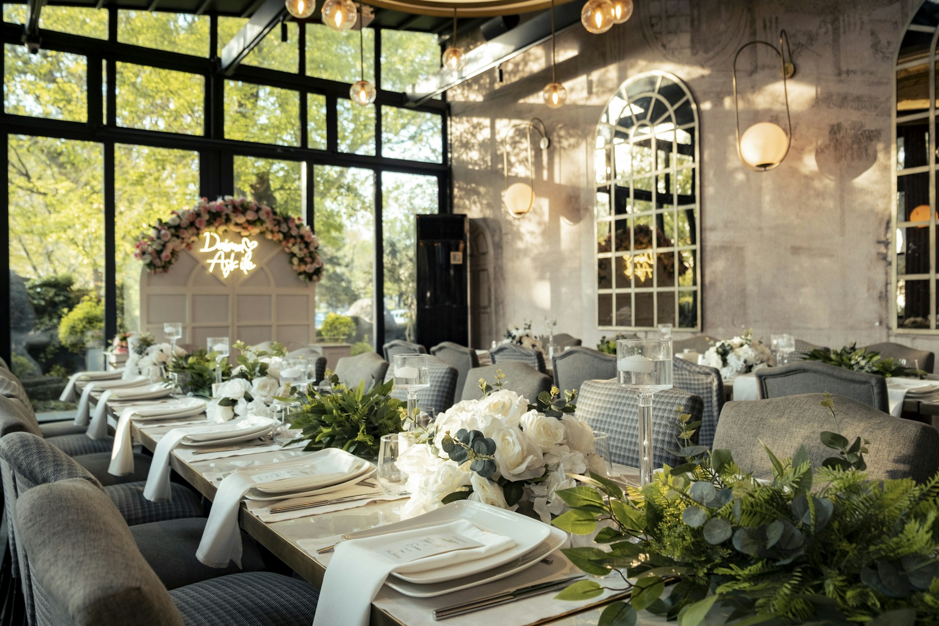 a dining room set up for a formal function