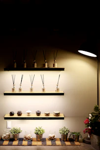 A cozy display of natural essential oils and diffusers arranged on a wooden shelf with soft morning light.