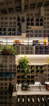 A wine rack with neatly arranged bottles of wine, some of which have purple and yellow caps. There are also decorative plants placed around the wine bottles in a wall-mounted storage system that consists of cube-like slots. The scene is softly illuminated by white light fixtures.
