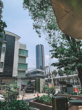 A tall modern skyscraper rises in the background, surrounded by mid-rise buildings and lush green trees. The foreground features a gated property with various plants and a few parked cars. The sky is clear, and the architecture is contemporary with clean lines.