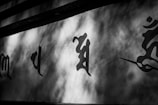 Black and white image featuring painted calligraphy on a wall, with shadows creating an abstract pattern across the surface.