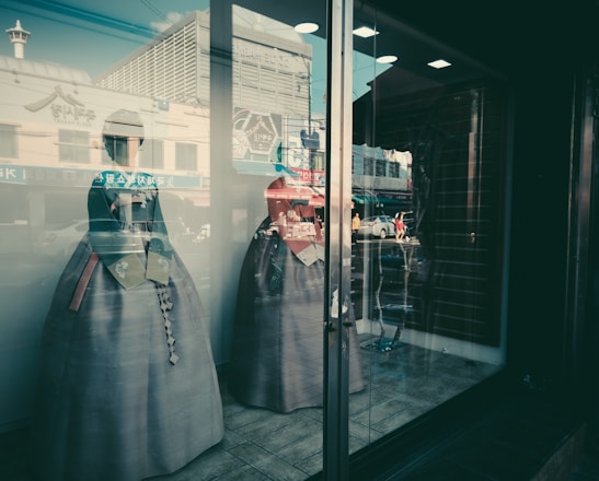 A stylish display of modern Korean fashion and pet accessories.