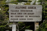 A wooden sign is displayed in a natural setting, surrounded by greenery and rocks. The text on the sign provides guidance for preserving the area, stating rules such as walking only on rocks, no camping or wood fires, and leashing dogs.