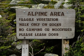 A wooden sign is displayed in a natural setting, surrounded by greenery and rocks. The text on the sign provides guidance for preserving the area, stating rules such as walking only on rocks, no camping or wood fires, and leashing dogs.