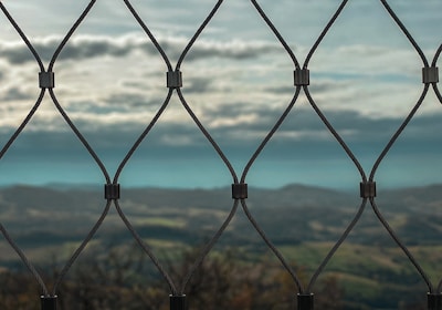 A wire mesh fence is in clear focus with a blurred landscape of rolling hills and a cloudy sky in the background.