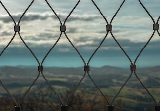 A wire mesh fence is in clear focus with a blurred landscape of rolling hills and a cloudy sky in the background.