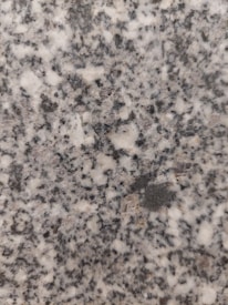 A close-up view of polished granite with a speckled pattern. The surface displays a mix of gray, white, black, and hints of pinkish tones, typical of natural stone with irregularly shaped dots and spots.