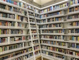A library with rows of bookshelves filled with a variety of books organized by genre and author. A movable ladder provides access to books on higher shelves. The well-lit space has a clean and organized appearance.