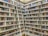 A library with rows of bookshelves filled with a variety of books organized by genre and author. A movable ladder provides access to books on higher shelves. The well-lit space has a clean and organized appearance.