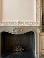 An ornate and intricately designed fireplace in a classic interior setting, featuring detailed carvings on the mantel and surrounding panel. The interior is dark with an imitation log and embers setup, suggesting a non-functional or decorative use.