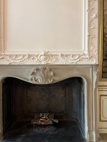 An ornate and intricately designed fireplace in a classic interior setting, featuring detailed carvings on the mantel and surrounding panel. The interior is dark with an imitation log and embers setup, suggesting a non-functional or decorative use.