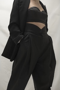 A person in a stylish black outfit, featuring a blazer and a uniquely designed top paired with high-waisted pants. The clothing appears sophisticated and tailored, emphasizing modern fashion trends.