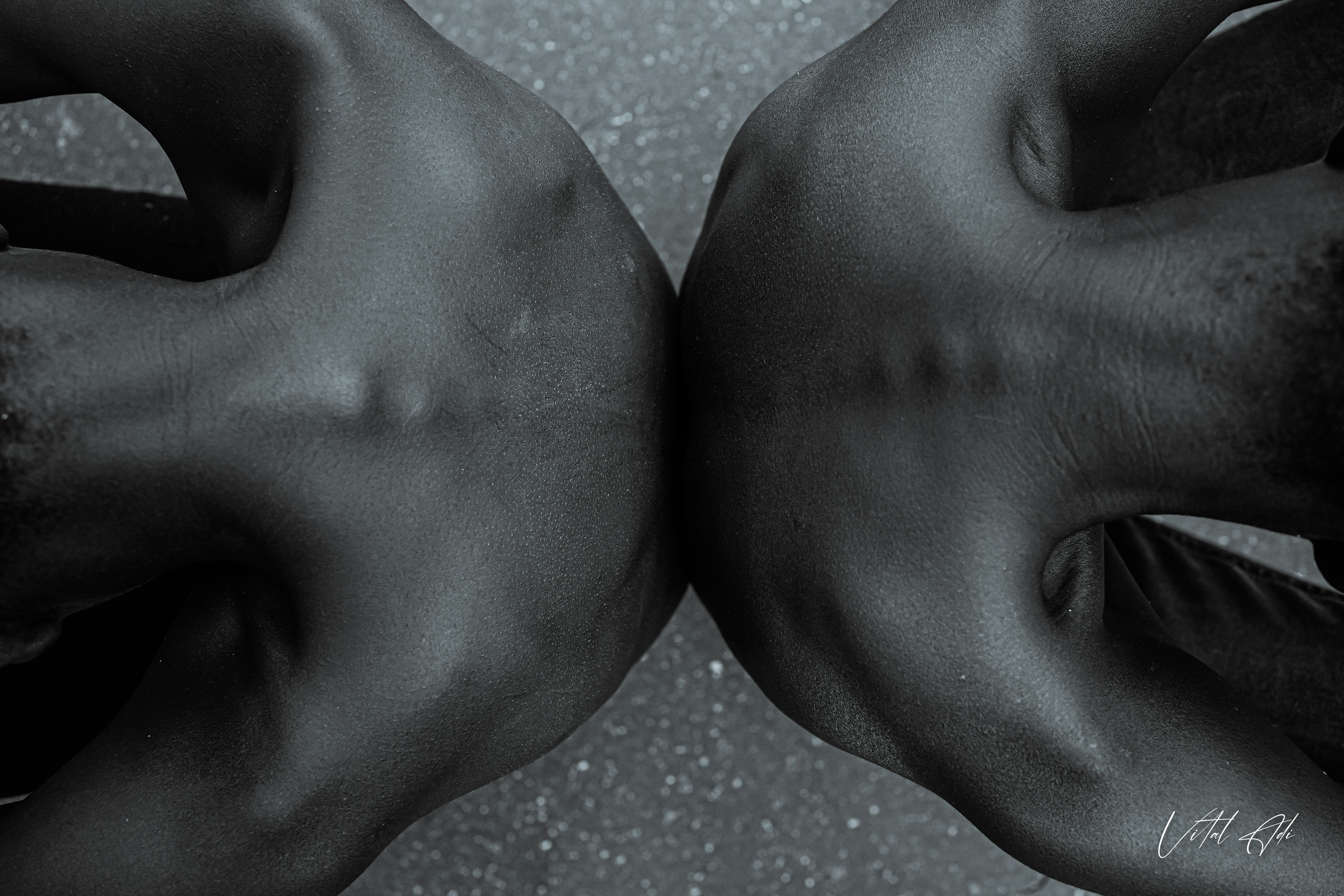 a black and white photo of two hands touching each other