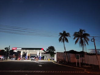 A gas station illuminated in the evening light, with several people attending to vehicles at the pumps. The sky is a deepening blue, and palm trees silhouette against it. Power lines stretch horizontally across the view.