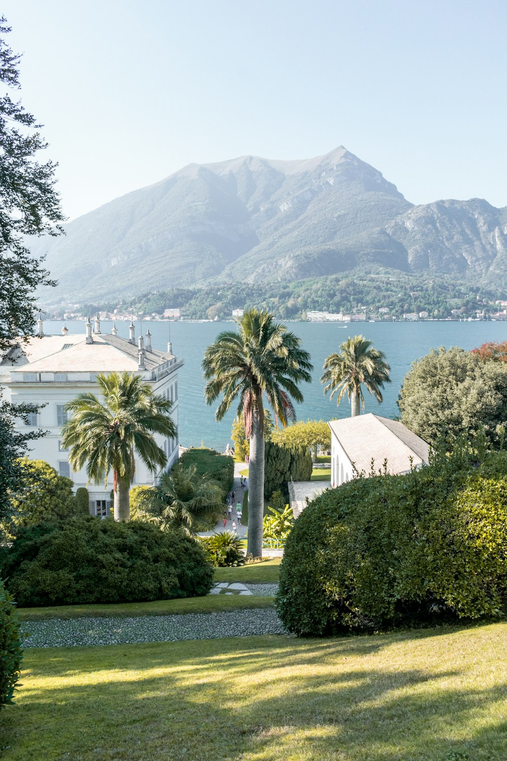 a view of a lake and mountains from a garden