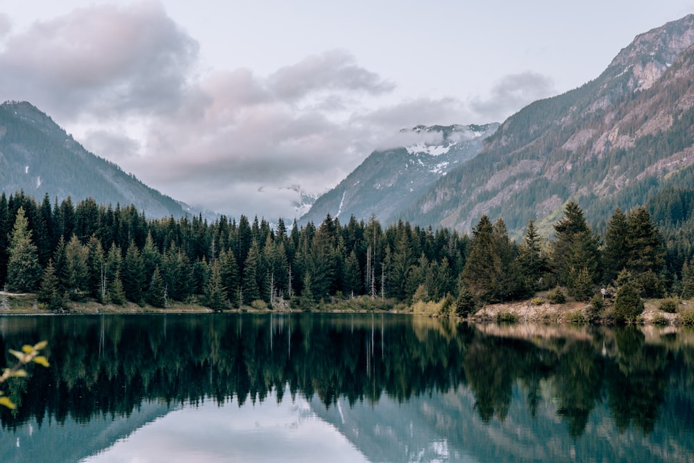 a lake surrounded by mountains and trees