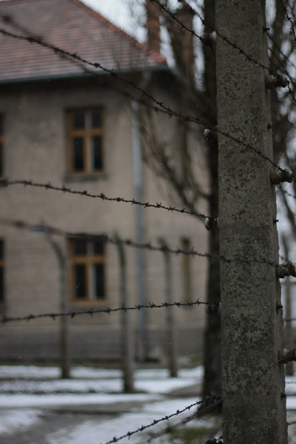 a house behind a barbed wire fence