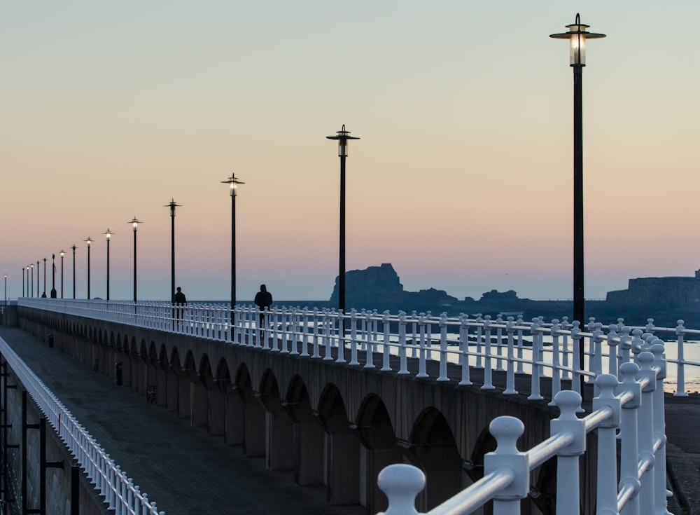 a long bridge with lights on each side of it