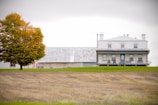 A two-story farmhouse with a white facade and a large front porch sits on a verdant lawn. Next to it, a tree with autumn foliage adds vibrant color to the scene. In the background, a weathered barn with a metal roof complements the rural setting. The sky is overcast, casting a soft light over the landscape.