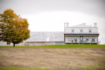 A two-story farmhouse with a white facade and a large front porch sits on a verdant lawn. Next to it, a tree with autumn foliage adds vibrant color to the scene. In the background, a weathered barn with a metal roof complements the rural setting. The sky is overcast, casting a soft light over the landscape.