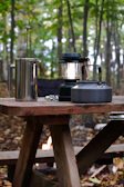 A rustic wooden picnic table set with colorful Campora camping plates and mugs under a canopy of pine trees.