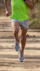 Runner tying shoes while wearing neon-colored shorts on a morning trail.