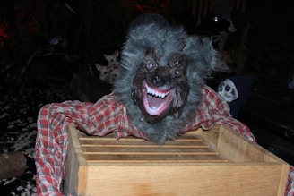 A figure resembling a werewolf with a gray furry appearance and large sharp teeth is perched on a wooden crate. The creature is adorned in a red plaid shirt. In the background, a skull is partially visible, contributing to a spooky atmosphere with dark surroundings.