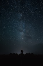 A serene night sky filled with stars and a glowing silhouette of a person looking upward.