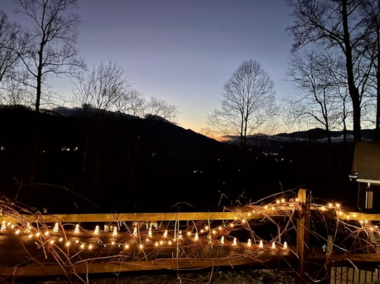 Twilight sky over a mountain silhouetted in the background with bare trees in the foreground. Warm string lights adorning a wooden fence create a cozy and inviting atmosphere.