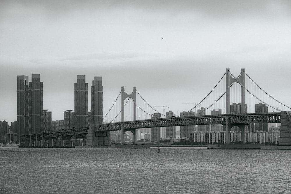 a black and white photo of a bridge over a body of water