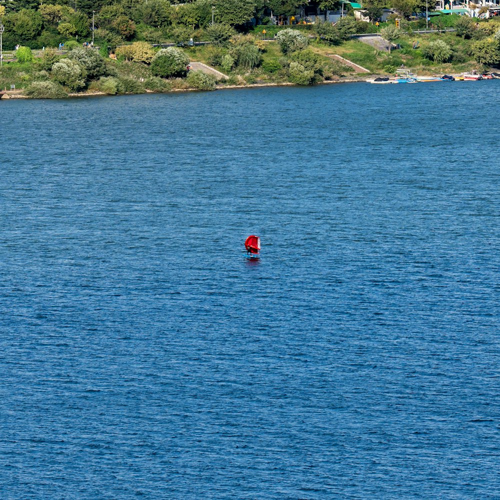 a red buoy floating in the middle of a lake