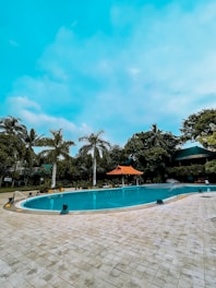 A serene outdoor swimming pool surrounded by palm trees and lush greenery. The pool is oval-shaped and bordered by a tiled deck. An orange gazebo provides a focal point on one side of the pool. The sky is bright and clear, adding to the tranquil atmosphere.