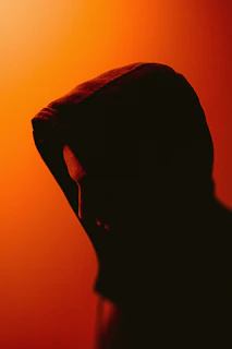 Shadowed profile of a model against a dark backdrop, highlighting a sweatshirt with a modernized Minotaur motif.