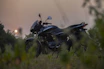a motorcycle is parked in a grassy field