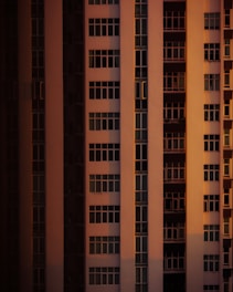 Golden and black themed high-rise residential building with sunlight casting warm glow.