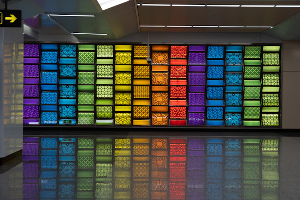 A sleek vertical wall print showcasing vibrant colors in a modern living room setting.