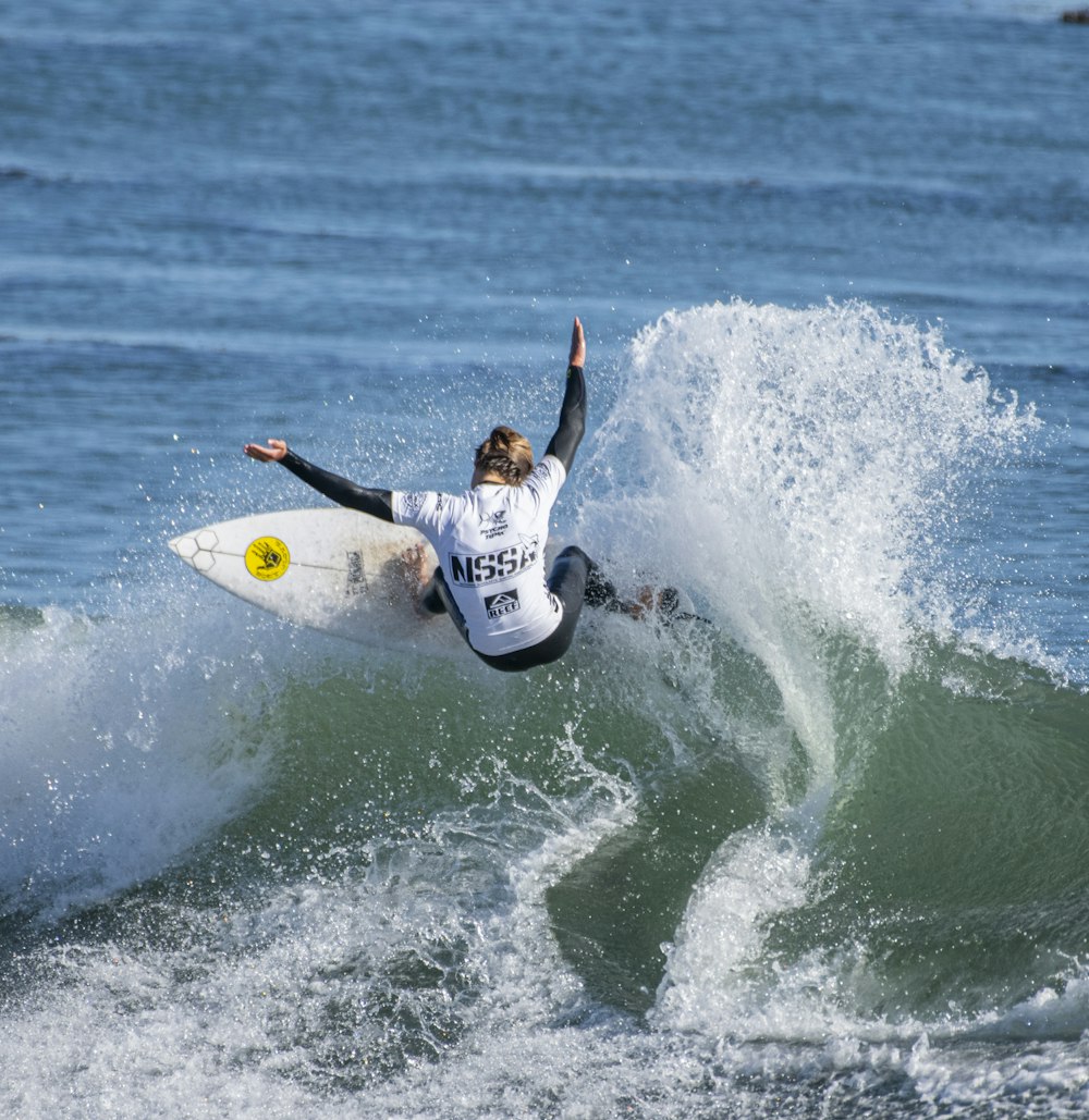 a man riding a wave on top of a surfboard