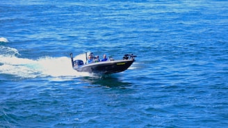 A sleek motorboat is gliding swiftly across a large body of water, causing a visible wake. The water is a deep blue, and the boat is occupied by several people wearing casual clothing, enjoying a day on the water.