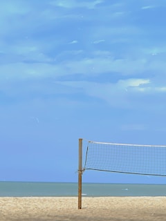 A sandy beach with a volleyball net in the foreground, under a clear blue sky. The ocean is visible in the background, creating a serene and open atmosphere.