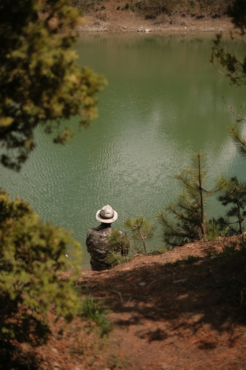 a person sitting on a rock overlooking a lake