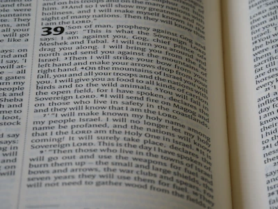 The image displays a close-up view of an open book, featuring a text layout in two columns with numbers indicating sections or verses. The page contains words that are clearly related to a religious text, mentioning terms like 'Sovereign LORD' and 'Israel'. The typography is traditional, suggesting a formal document.