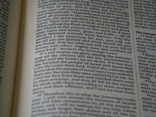The image displays a close-up of a book page with printed text. The text is formatted in columns with chapter and verse numbers, suggesting it is from a religious or historical document. The pages show signs of use, with slight shadows and lighting focusing on certain lines.