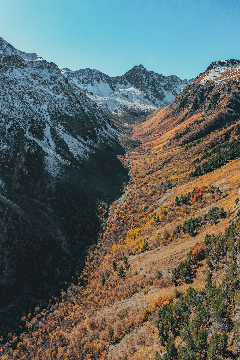 a scenic view of a mountain range in autumn