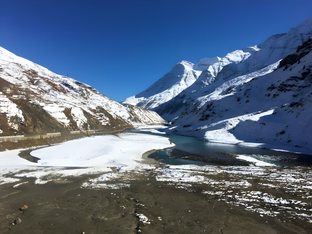 a snowy mountain landscape with a river running through it