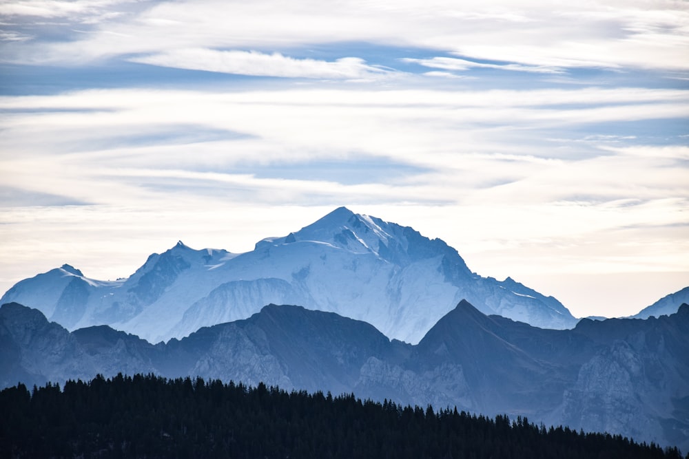 a view of a mountain range with trees in the foreground