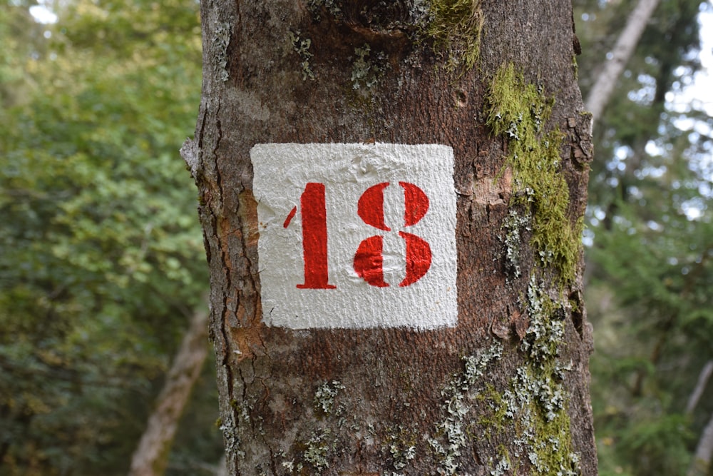 a red and white sign on a tree in a forest