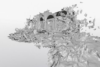 A surreal, abstract 3D rendering that resembles a structure partially shrouded in amorphous, cloud-like formations. The texture appears fragmented, creating a dreamlike and chaotic visual effect.