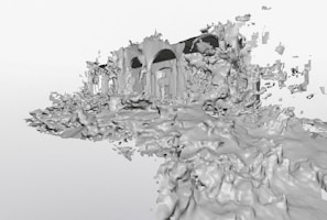 A surreal, abstract 3D rendering that resembles a structure partially shrouded in amorphous, cloud-like formations. The texture appears fragmented, creating a dreamlike and chaotic visual effect.