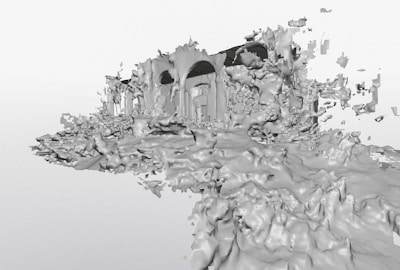 A surreal, abstract 3D rendering that resembles a structure partially shrouded in amorphous, cloud-like formations. The texture appears fragmented, creating a dreamlike and chaotic visual effect.
